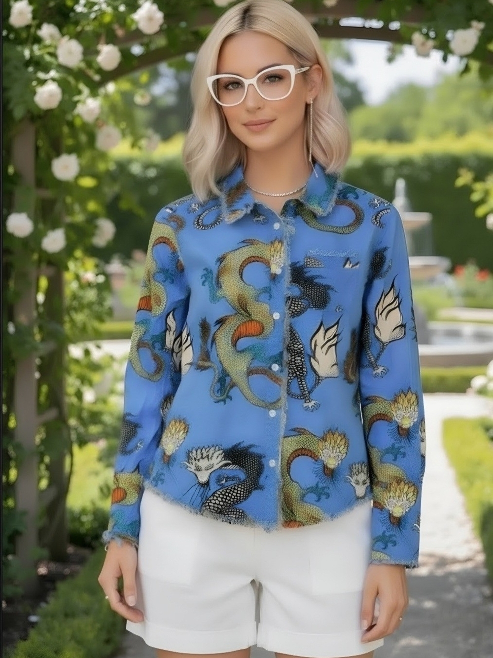 Tizzie Size XS Blue Dragon-Print Button-Up Shirt - Women